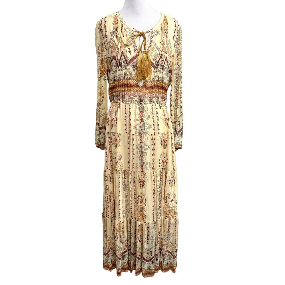 Sundance Womens Silk Tiered Maxi Dress 6 Butter Yellow Boho Western Long Sleeve